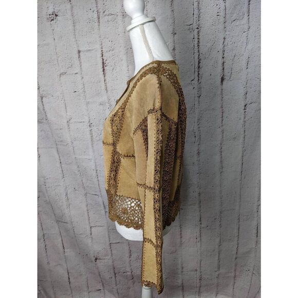S.M.H. Boutique Tan Brown Vintage Boho Leather Suede Jacket Crochet Lace Patchwo - Picture 2 of 7